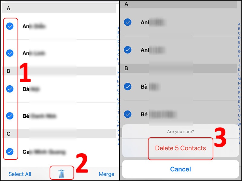 Xóa danh bạ trên iPhone trên app Cleanup Duplicate Contacts bước 3